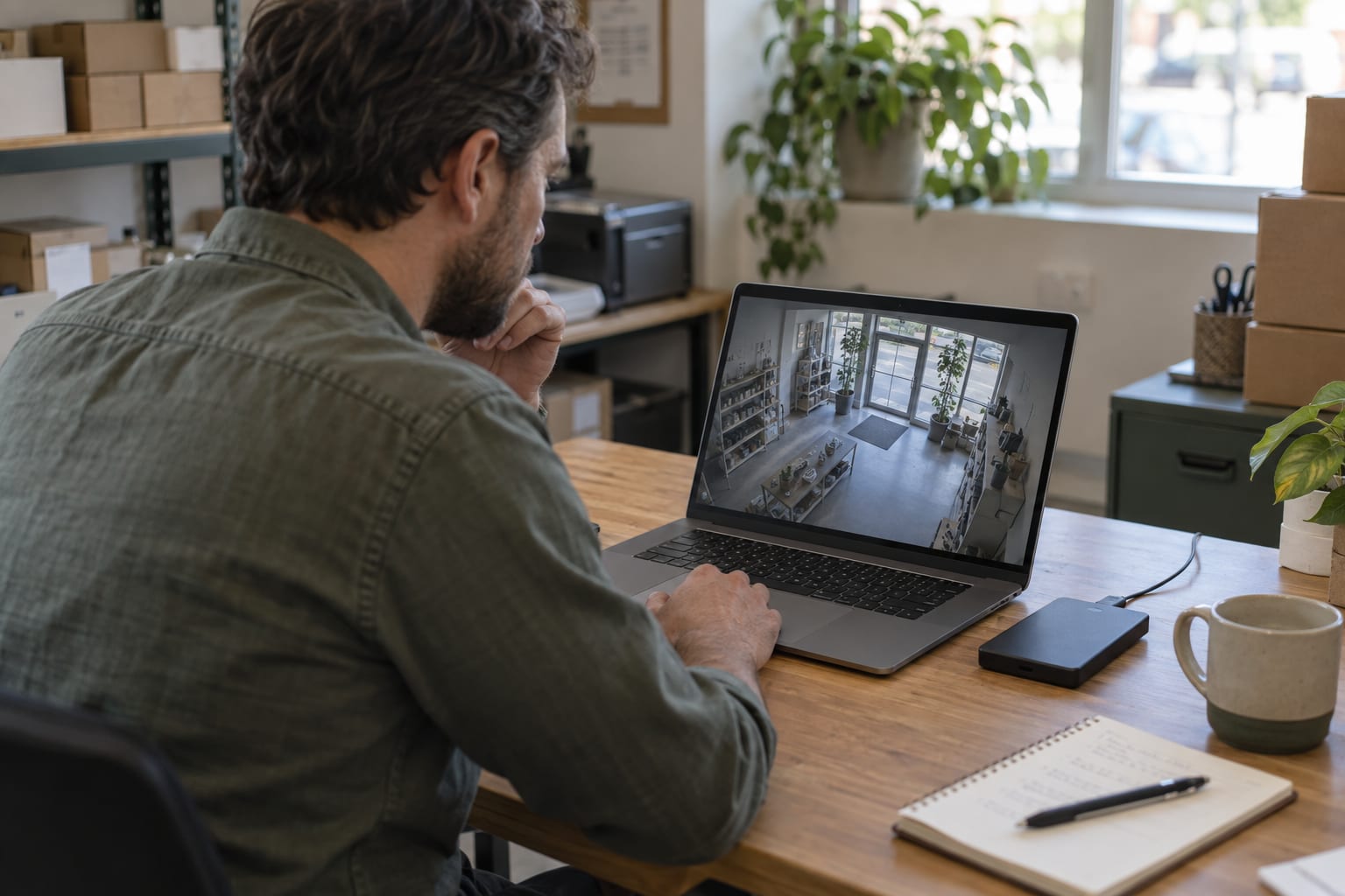 Small business owner reviewing saved security footage on a laptop